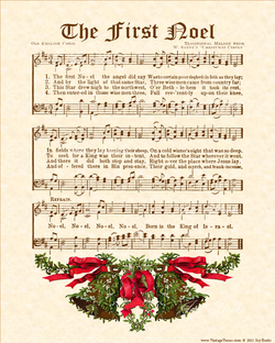The First Noel - Christian Heritage Hymn, Sheet Music, Vintage Style, Natural Parchment, Sepia Brown Ink, Mistletoe Bells Red And Green, 8x10 art print ready to frame, Vintage Verses