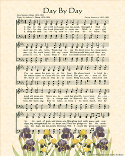Day By Day - Christian Heritage Hymn, Sheet Music, Vintage Style, Natural Parchment, Evergreen Ink Yellow and Purple Irises, 8x10 art print ready to frame, Vintage Verses