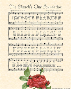 The Churchs One Foundation - Christian Heritage Hymn, Sheet Music, Vintage Style, Natural Parchment, Dark Charcoal Ink, Red Rose, 8x10 art print ready to frame, Vintage Verses