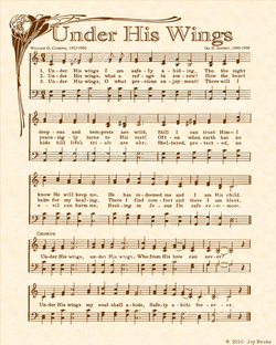 Under His Wings - Christian Heritage Hymn, Sheet Music, Vintage Style, Natural Parchment, Sepia Brown Ink, 8x10 art print ready to frame, Vintage Verses