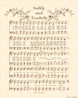 Softly And Tenderly - Christian Heritage Hymn, Sheet Music, Vintage Style, Natural Parchment, Sepia Brown Ink, 8x10 art print ready to frame, Vintage Verses
