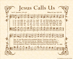 Jesus Calls Us - Christian Heritage Hymn, Sheet Music, Vintage Style, Natural Parchment, Sepia Brown Ink, 8x10 art print ready to frame, Vintage Verses