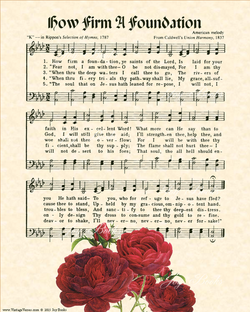 How Firm A Foundation - Christian Heritage Hymn, Sheet Music, Vintage Style, Natural Parchment, Christmas Green Ink, Red Bishops Roses, 8x10 art print ready to frame, Vintage Verses