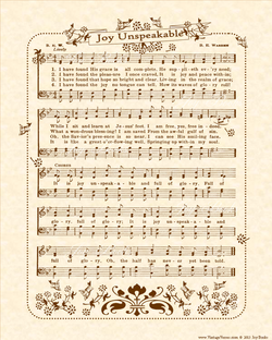 Joy Unspeakable - Christian Heritage Hymn, Sheet Music, Vintage Style, Natural Parchment, Sepia Brown Ink, 8x10 art print ready to frame, Vintage Verses