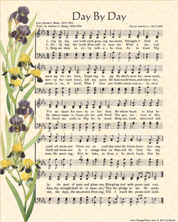 Day By Day - Christian Heritage Hymn, Sheet Music, Vintage Style, Natural Parchment, Deep Purple Ink Yellow and Purple Irises, 8x10 art print ready to frame, Vintage Verses