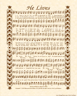 He Lives a.k.a. I Serve A Risen Savior - Christian Heritage Hymn, Sheet Music, Vintage Style, Natural Parchment, Sepia Brown Ink, 8x10 art print ready to frame, Vintage Verses