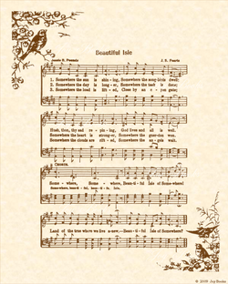Beautiful Isle of Somewhere - Christian Heritage Hymn, Sheet Music, Vintage Style, Natural Parchment, Sepia Brown Ink, 8x10 art print ready to frame, Vintage Verses