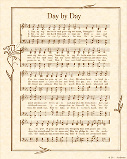 Day By Day - Christian Heritage Hymn, Sheet Music, Vintage Style, Natural Parchment, Sepia Brown Ink, 8x10 art print ready to frame, Vintage Verses