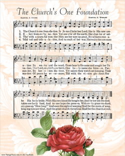The Churchs One Foundation - Christian Heritage Hymn, Sheet Music, Vintage Style, Pink Swirls Background, Dark Charcoal Ink, 8x10 art print ready to frame, Vintage Verses