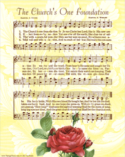 The Churchs One Foundation - Christian Heritage Hymn, Sheet Music, Vintage Style, Yellow Swirls Background, Sepia Brown Ink, 8x10 art print ready to frame, Vintage Verses