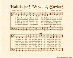 Hallelujah What A Savior - Christian Heritage Hymn, Sheet Music, Vintage Style, Natural Parchment, Sepia Brown Ink, 8x10 art print ready to frame, Vintage Verses