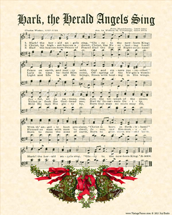 Hark! The Herald Angels Sing - Christian Heritage Hymn, Sheet Music, Vintage Style, Natural Parchment, Mistletoe Bells, Red and Green, Christmas Evergreen Ink, 8x10 art print ready to frame, Vintage Verses